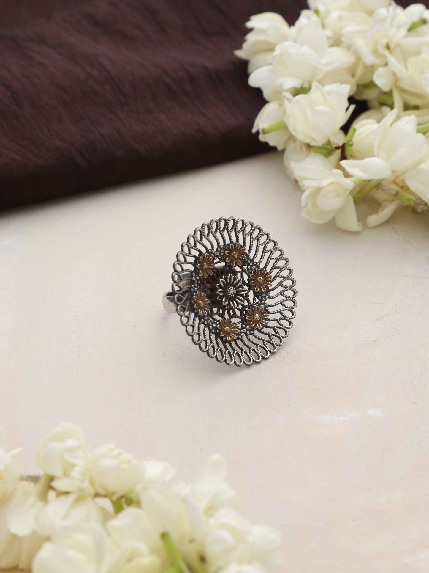 trueBrowns Silver Tone Floral Circular Ring | Swadesiicart