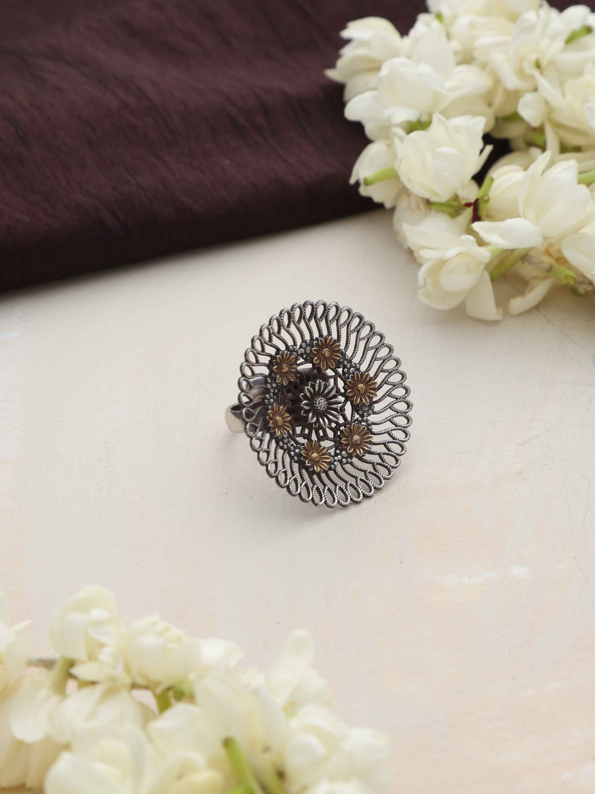 trueBrowns Silver Tone Floral Circular Ring | Swadesiicart