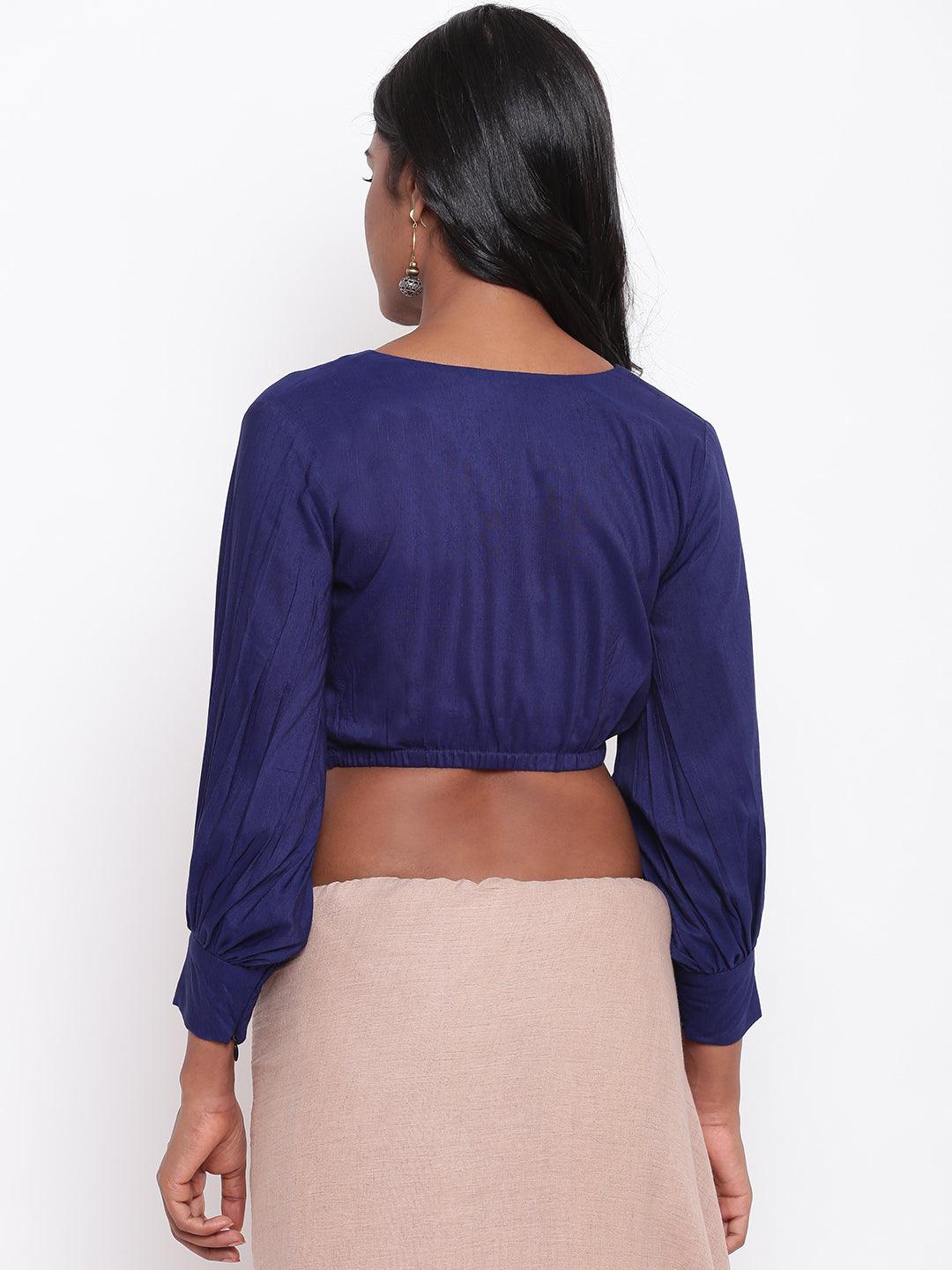 trueBrowns Blue Gathered Sleeve Top | Swadesiicart