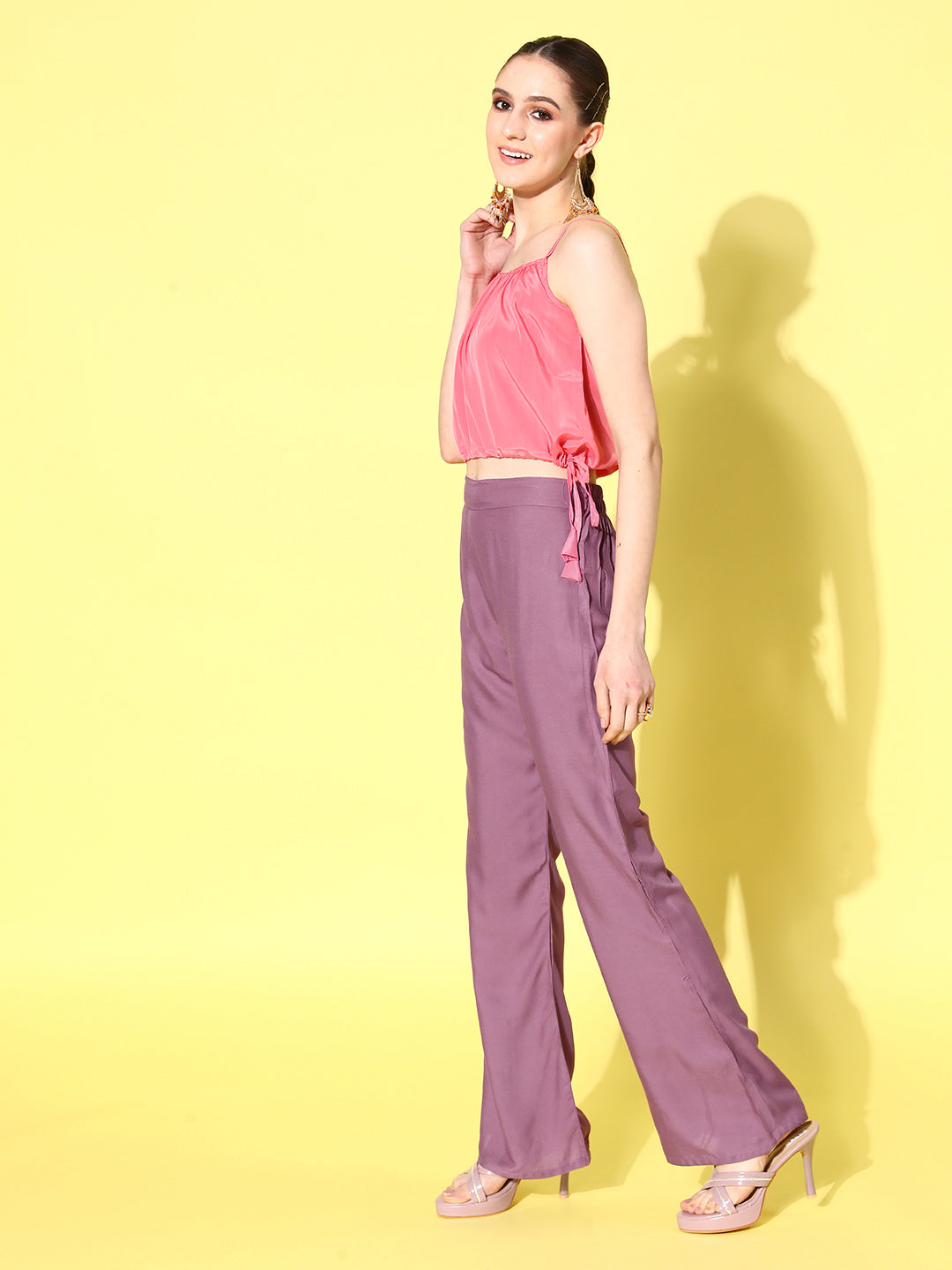 InWeave Women's Mauve Coord Set With Crepe Peach Crop Top - Swadesiicart