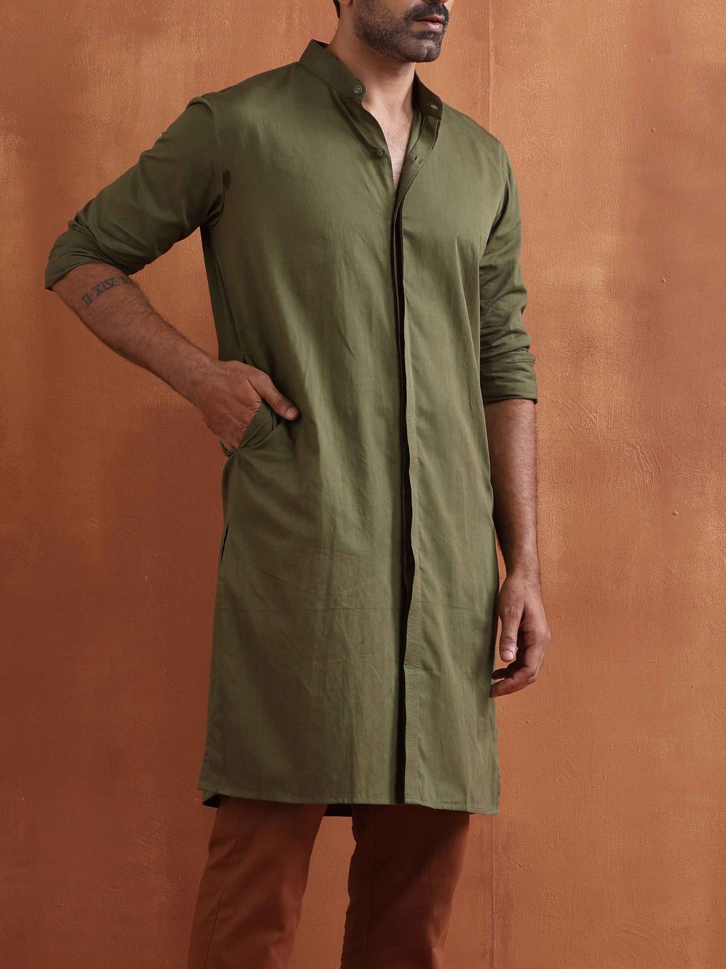 trueBrowns Men's Olive Green Cotton Front Open Kurta | Swadesiicart