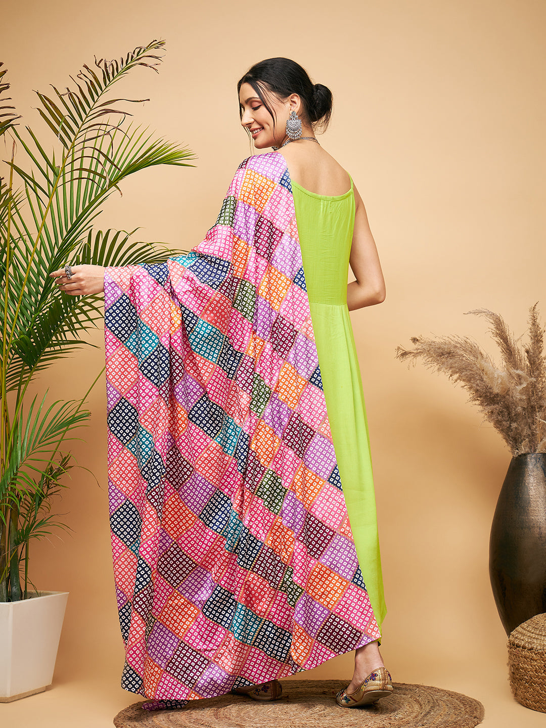 InWeave Women's Lime Green Strappy Set W Square Bandhani Print Silk Dupatta - Swadesiicart