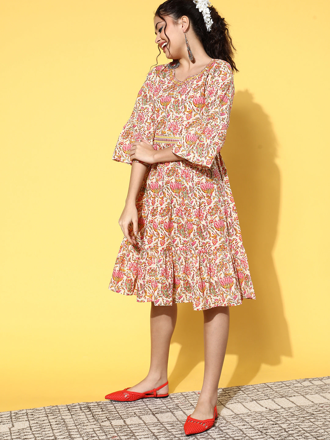 InWeave Women's Pink Boota Print Belted Dress - Swadesiicart