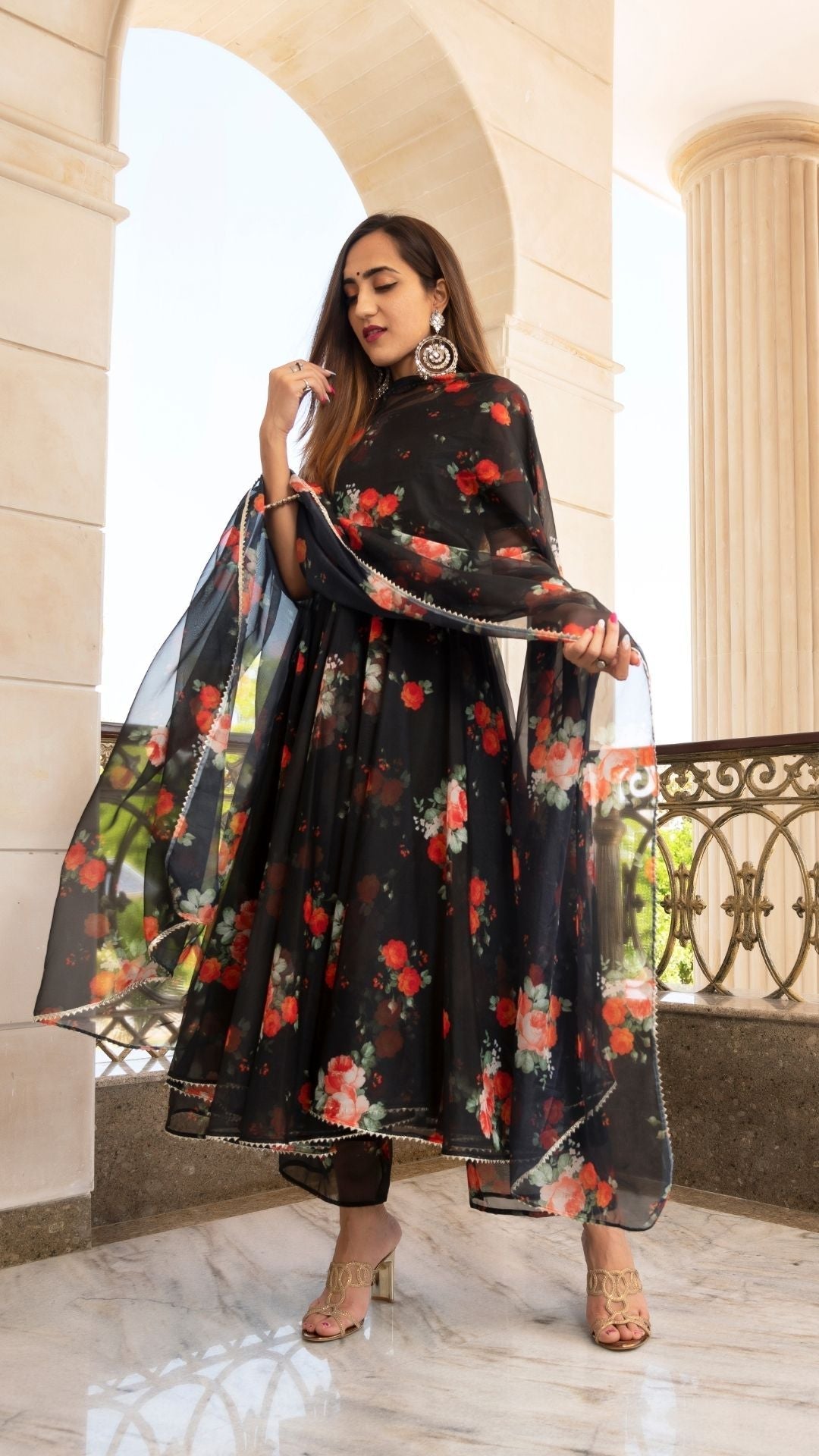 Pomcha Jaipur Red And Black Organza Anarkali Set | Swadesiicart
