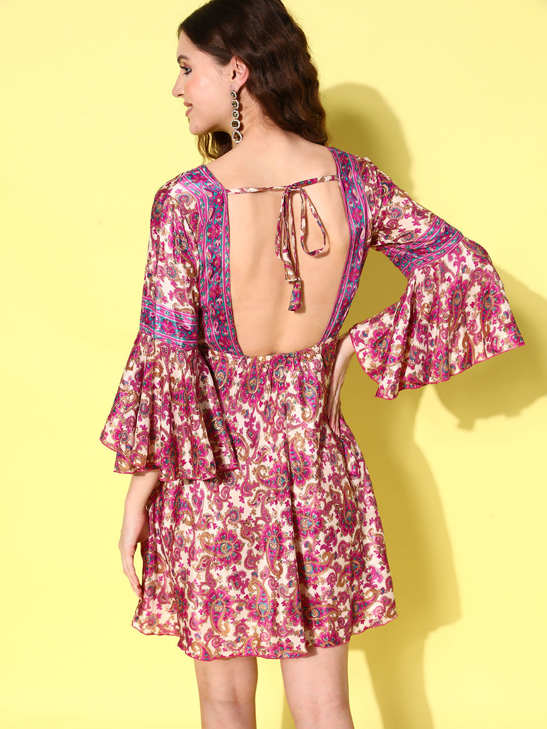 InWeave Women's Fuchsia Floral Prnited Bell Sleeve Short Dress - Swadesiicart