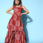 InWeave Women's Maroon Bandhani Motif Tiered Sharara Set - Swadesiicart