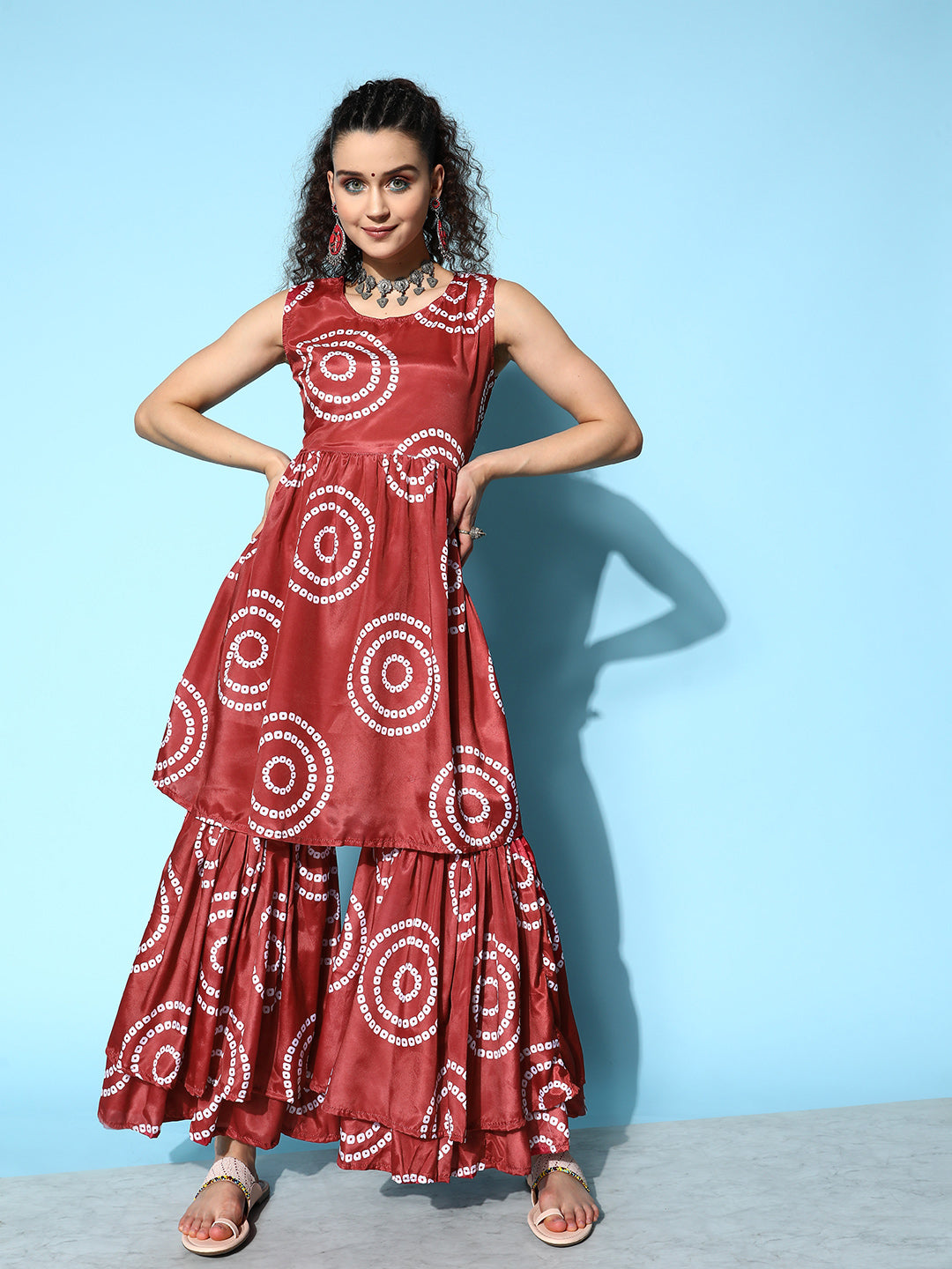 InWeave Women's Maroon Bandhani Motif Tiered Sharara Set - Swadesiicart