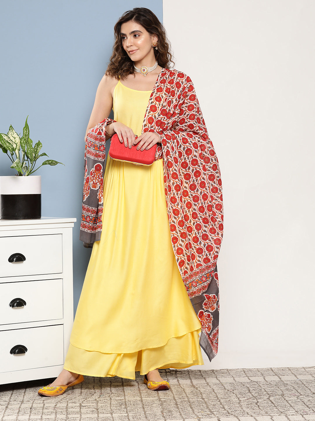 InWeave Women's Light Yellow Ray Strappy Set With Orange Floral Cotton Dupatta - Swadesiicart