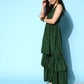 InWeave Women's Forest Green Gold Print Tiered Sharara Set - Swadesiicart
