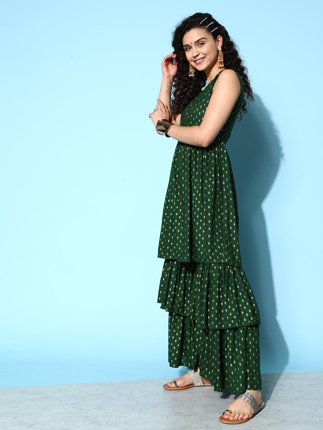 InWeave Women's Forest Green Gold Print Tiered Sharara Set - Swadesiicart
