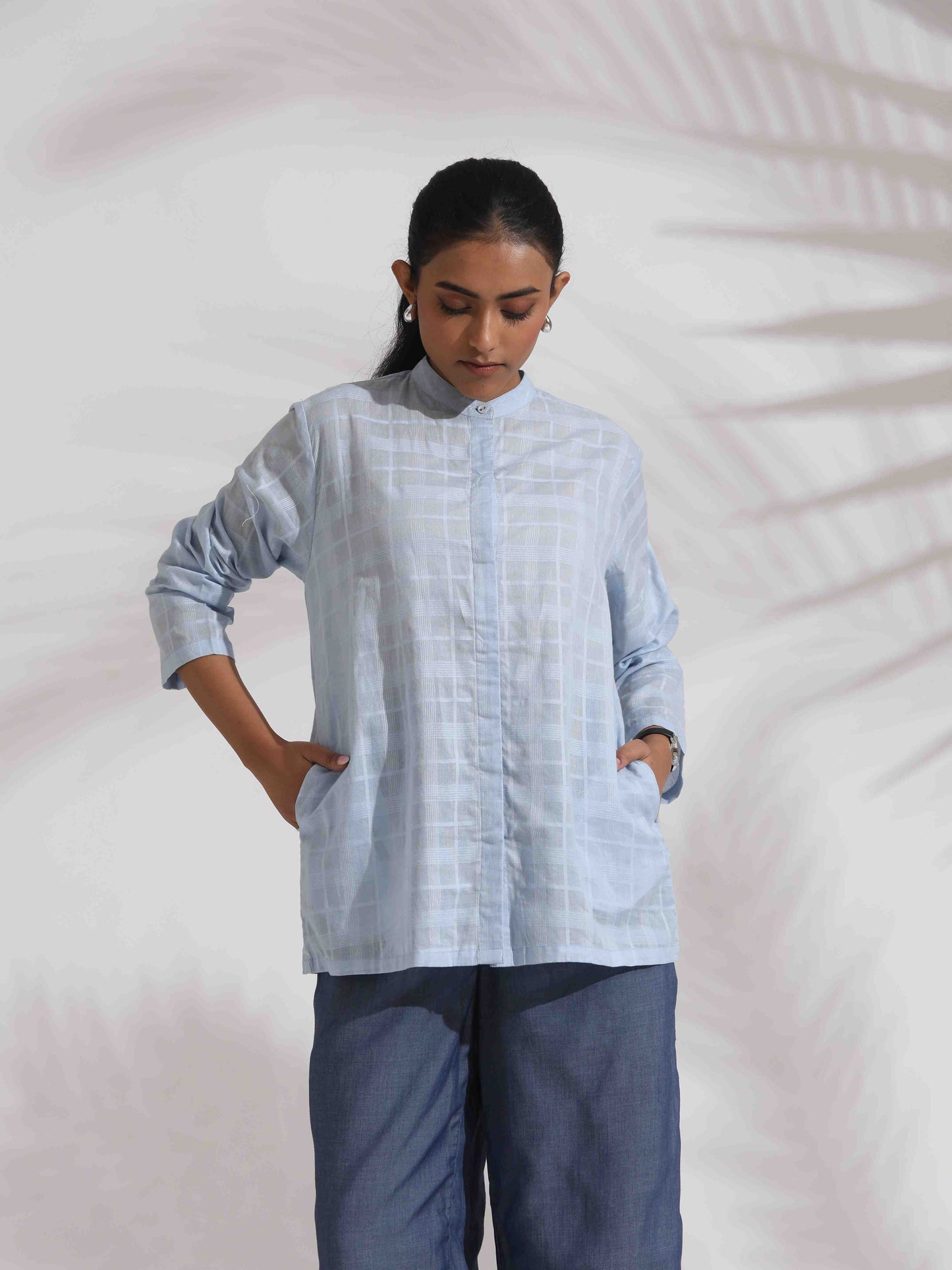 trueBrowns Blue Cotton Check Shirt Top Co-ord Set - Swadesiicart