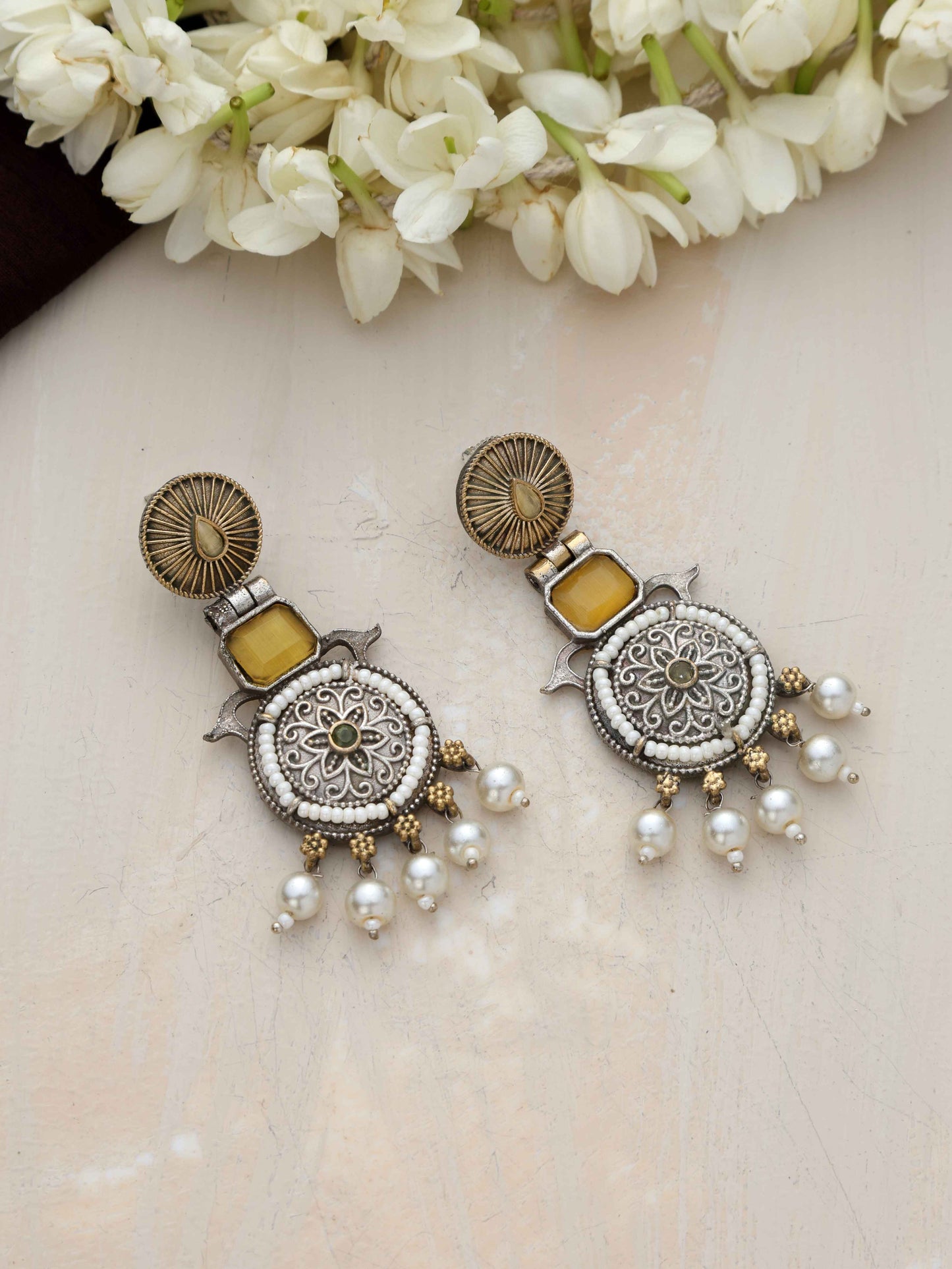 trueBrowns Silver Gold Tone Meenakari Pearl Drop Earrings - Swadesiicart