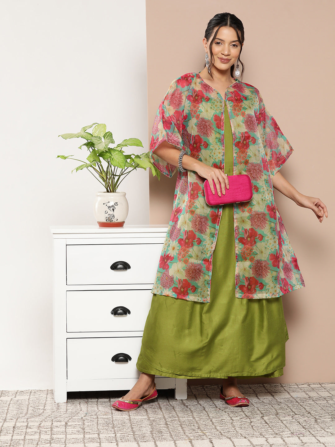 InWeave Women's Olive Green Strappy Set With Pink Green Floral Cape - Swadesiicart