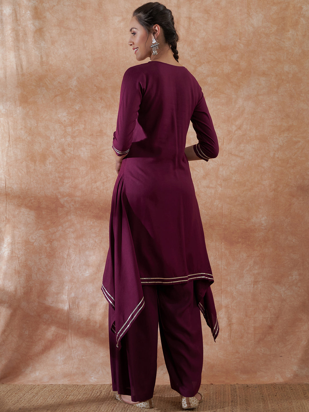 InWeave Women's Burgundy Emb Assymetrical Kurta Pant Set - Swadesiicart