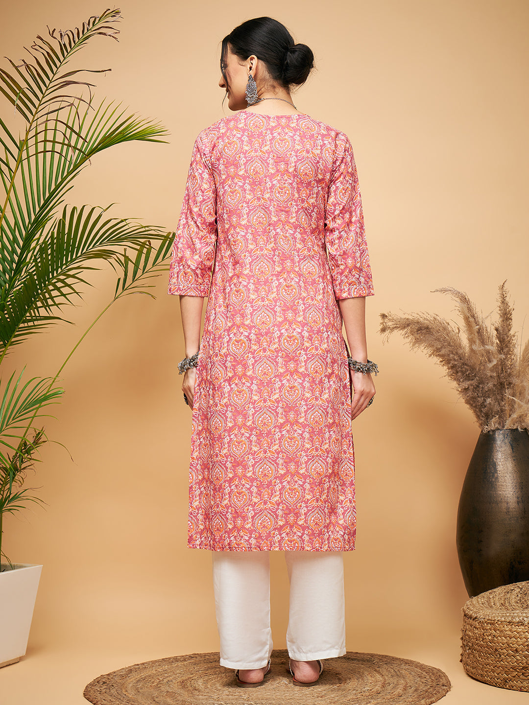 InWeave Women's Dusty Pink Paisley Patch Straight Kurta Pant Set - Swadesiicart