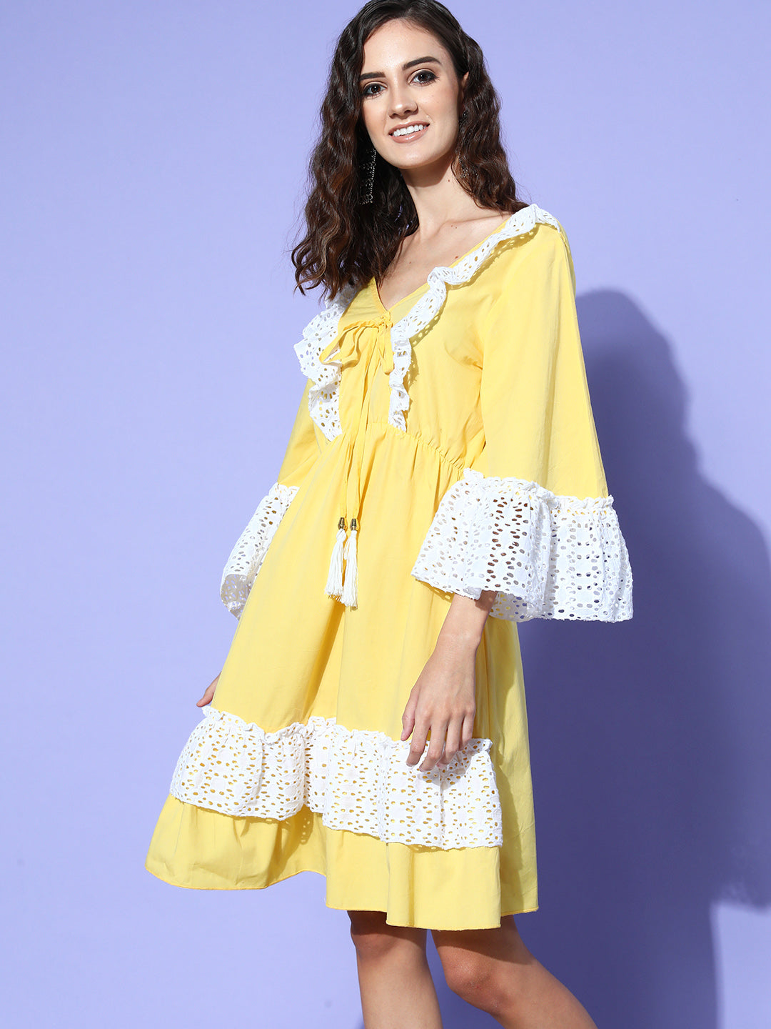 InWeave Women's Yellow Lacy Short Dress - Swadesiicart