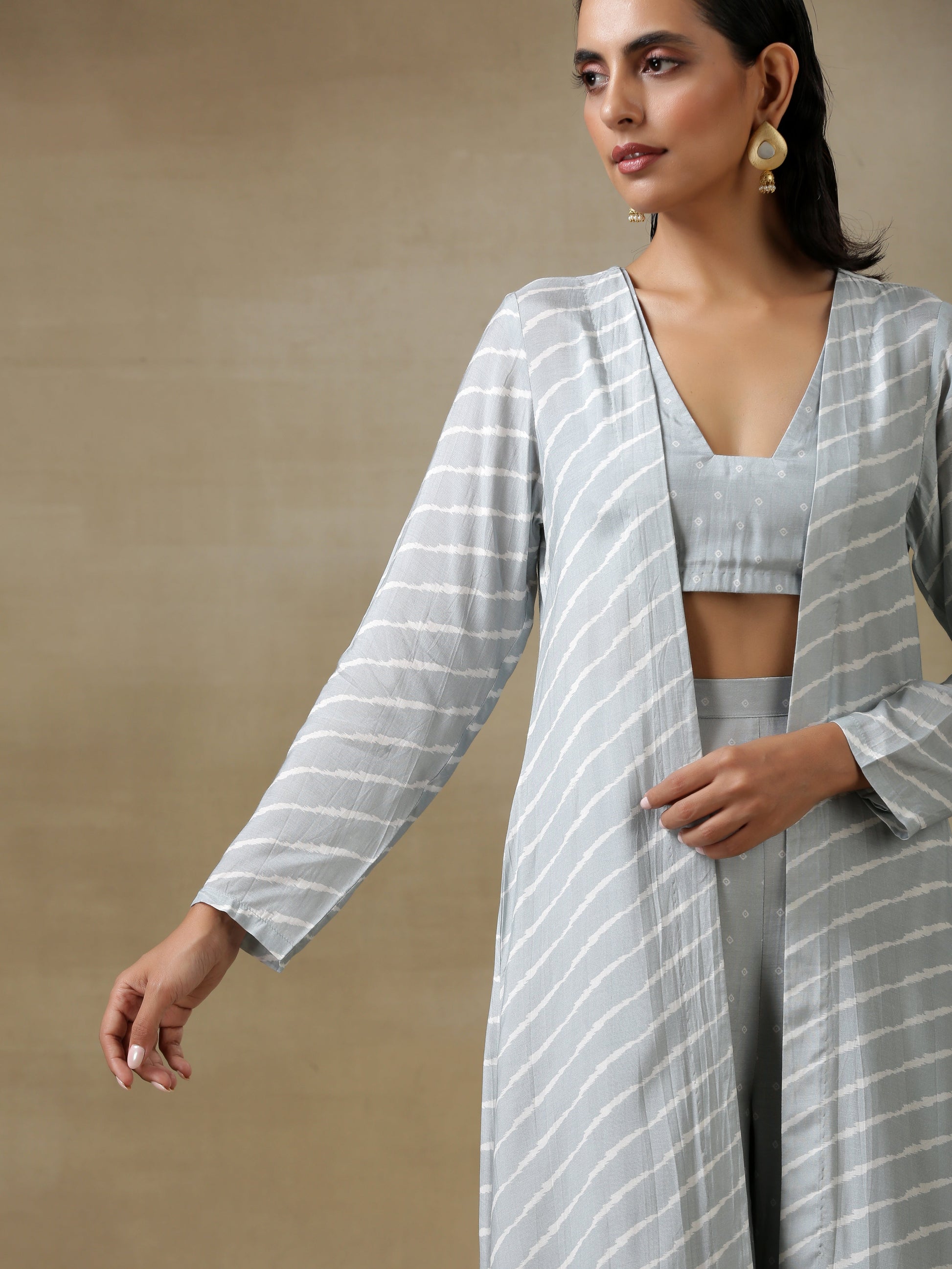 trueBrowns Grey Bandhani Printed Silk Overlay Jacket Blouse Pant Set | Swadesiicart
