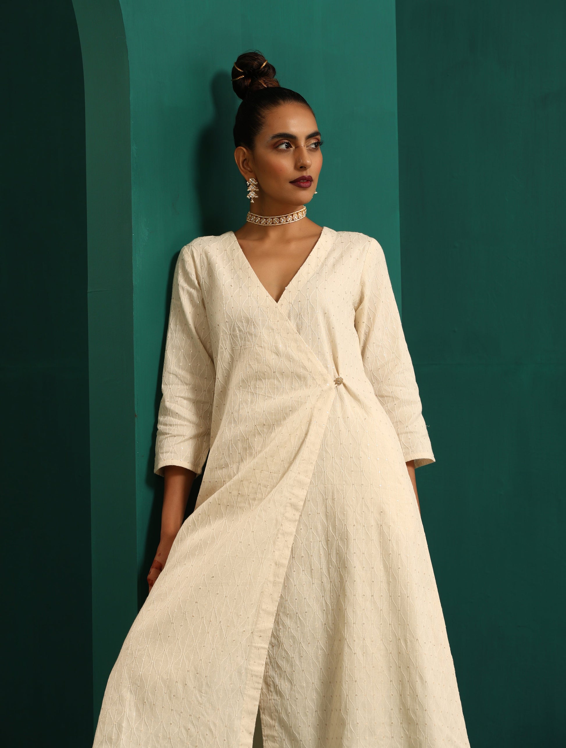 trueBrowns Ivory Tonal Cotton Angrakha Kurta Pant Set | Swadesiicart