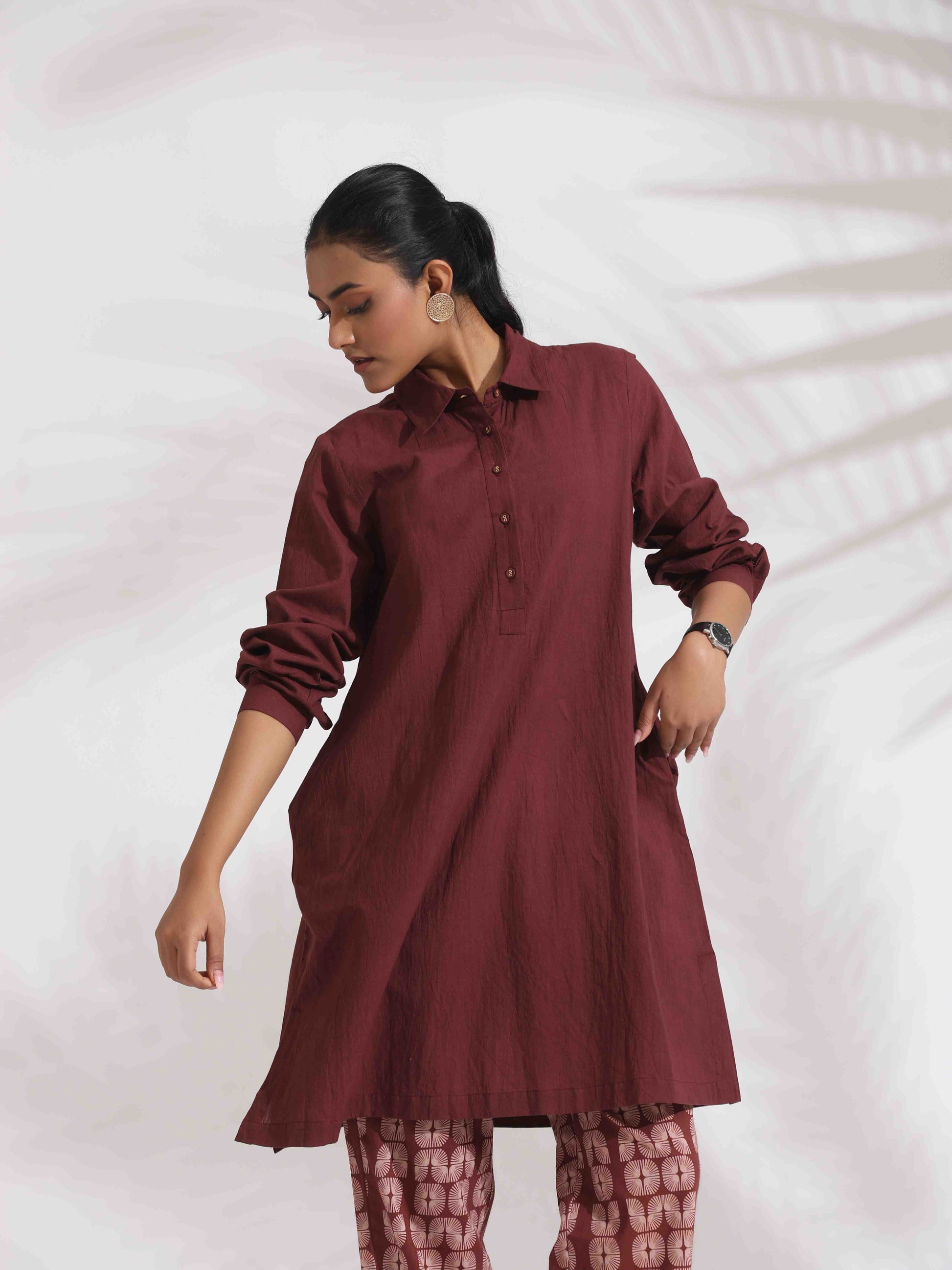 trueBrowns Brown Cotton Solid Kurta Co-ord Set - Swadesiicart