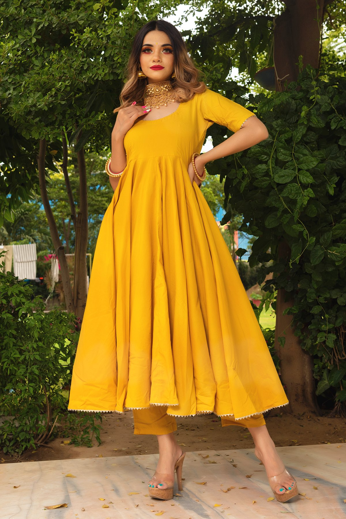 Pomcha Jaipur Rosemarry Yellow Cotton Anarkali Set | Swadesiicart