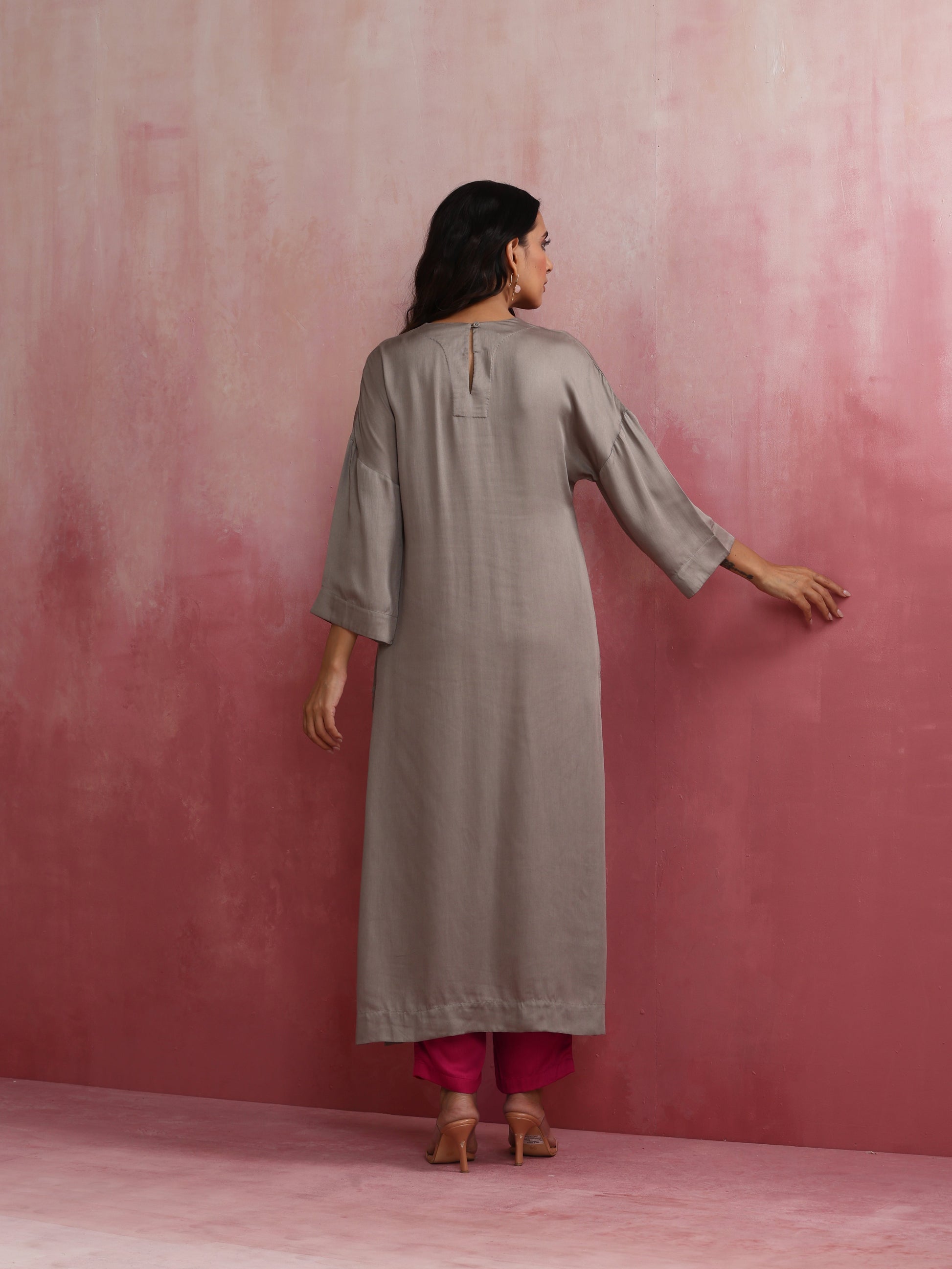 trueBrowns Grey High Slit Modal Kurta Set | Swadesiicart