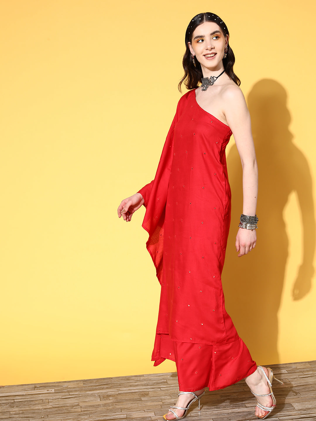 InWeave Women's Red Mirror Work One Shoulder Kurta Set With Dupatta - Swadesiicart