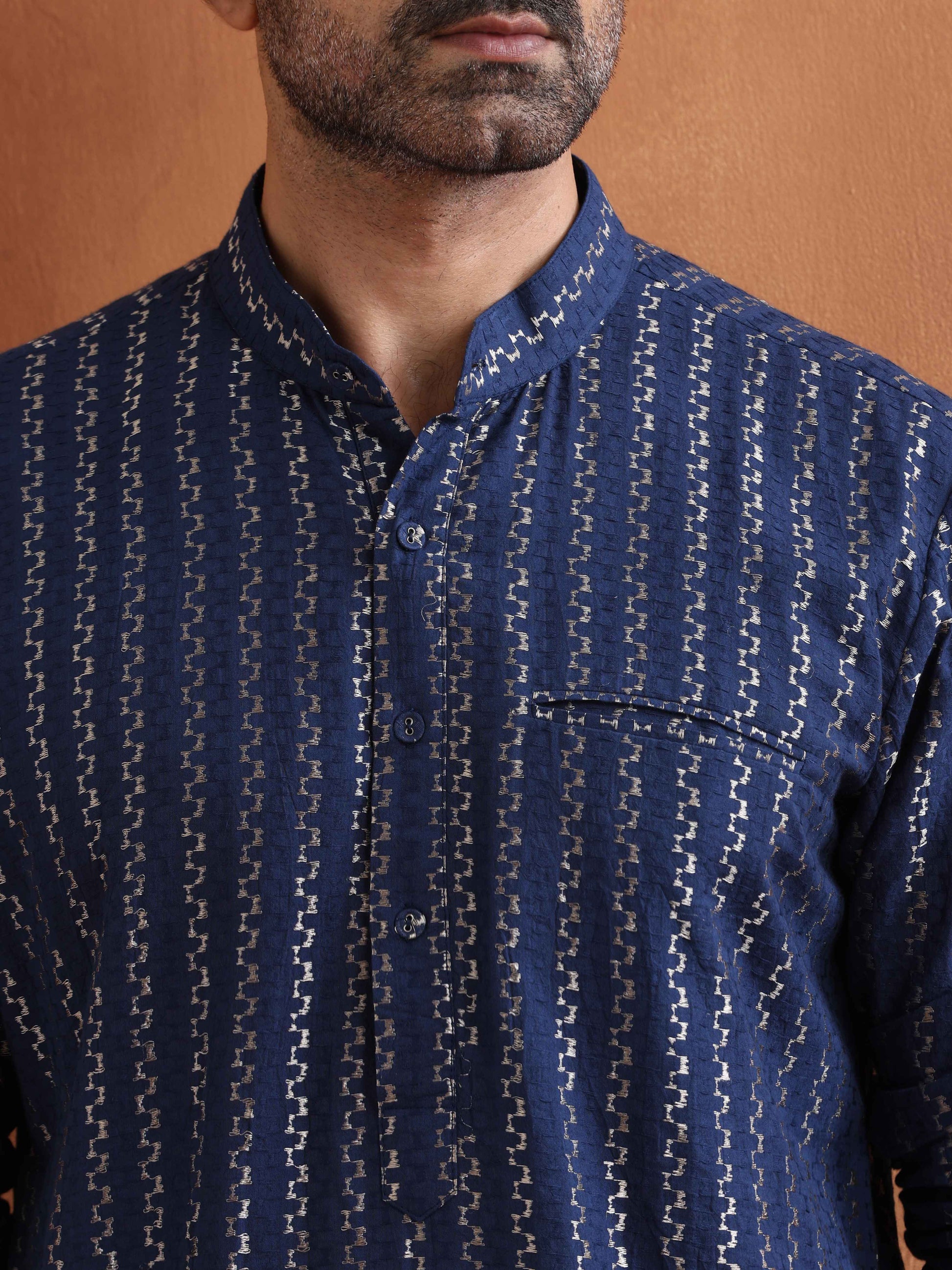 trueBrowns Men's Blue Cotton Dobby Kurta | Swadesiicart