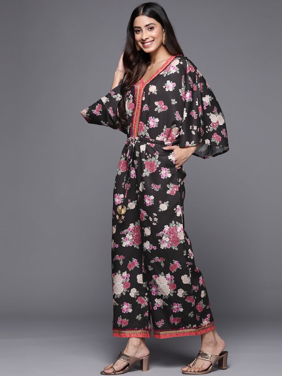 Ahalyaa Printed Crepe Basic Jumpsuit With Lace Inserts | Swadesiicart