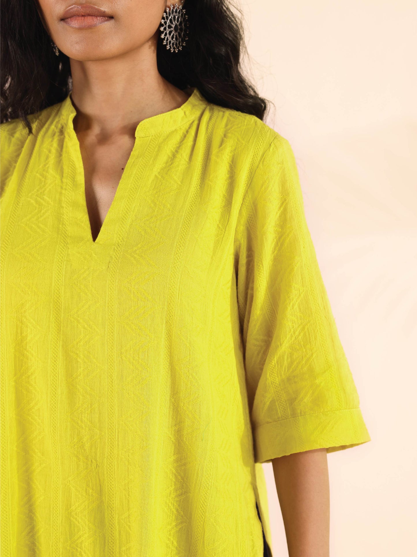 trueBrowns Lime Cotton Dobby High-Low Kurta Pant Set | Swadesiicart