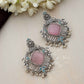 trueBrowns Silver Tone Pink Stone Pearl Drop Earrings - Swadesiicart
