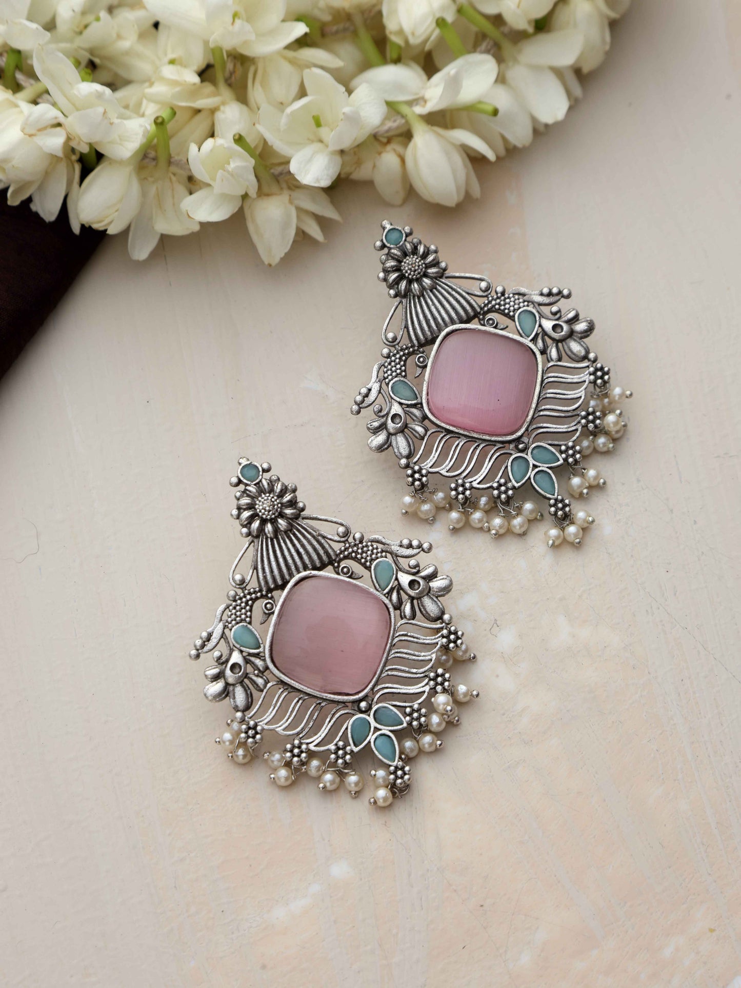 trueBrowns Silver Tone Pink Stone Pearl Drop Earrings - Swadesiicart