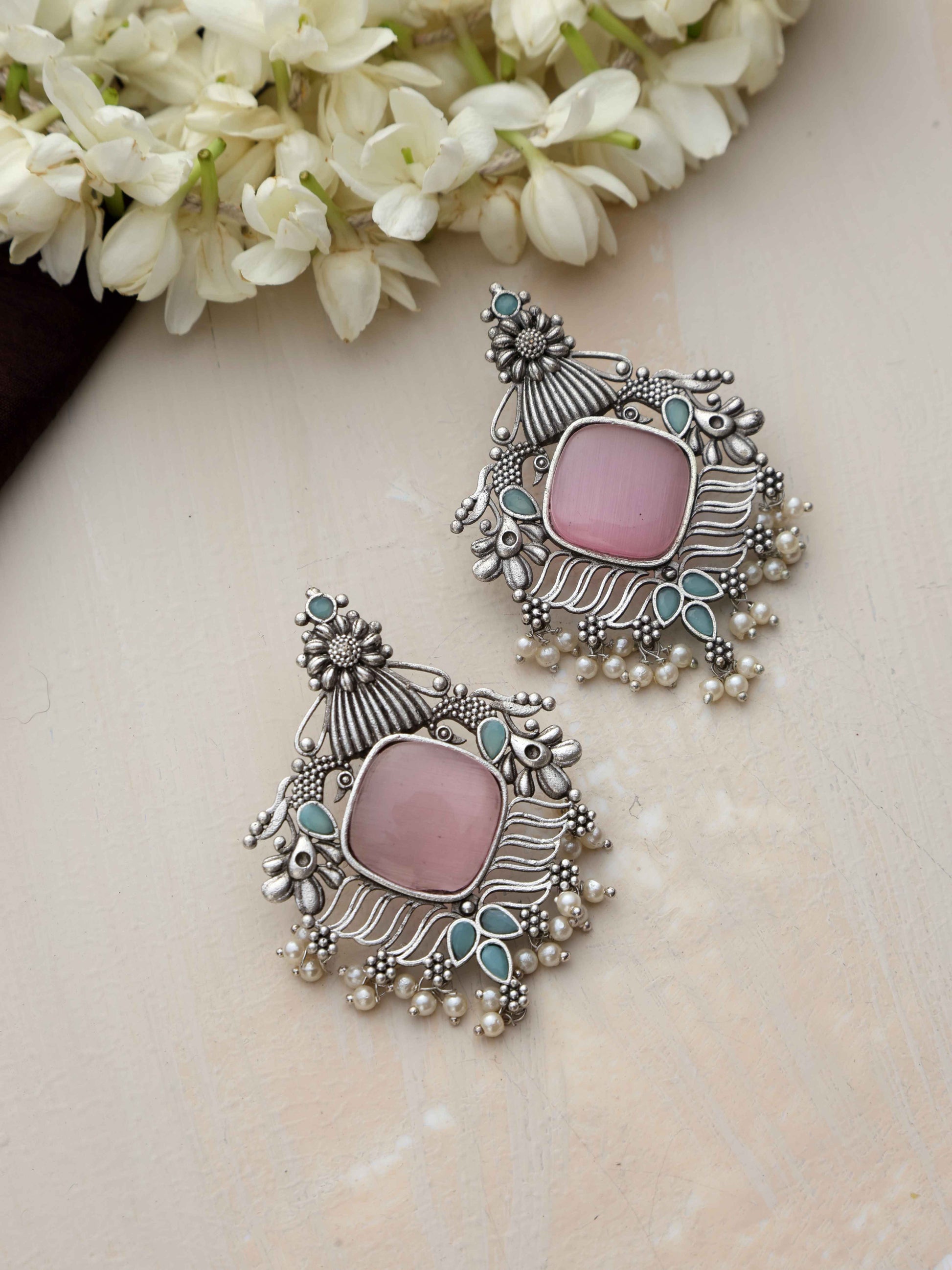 trueBrowns Silver Tone Pink Stone Pearl Drop Earrings - Swadesiicart