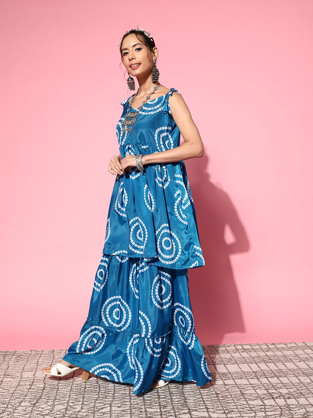 InWeave Women's Blue Bandhani Motif Shoulder Tie Up Kurta Set - Swadesiicart