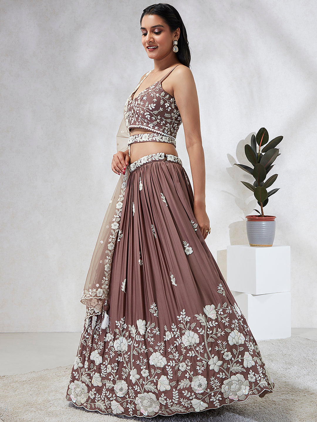 House of Panchhi Rose Gold Pure Georgette Sequins And Thread Embroidery Lehenga Choli & Dupatta | Swadesiicart