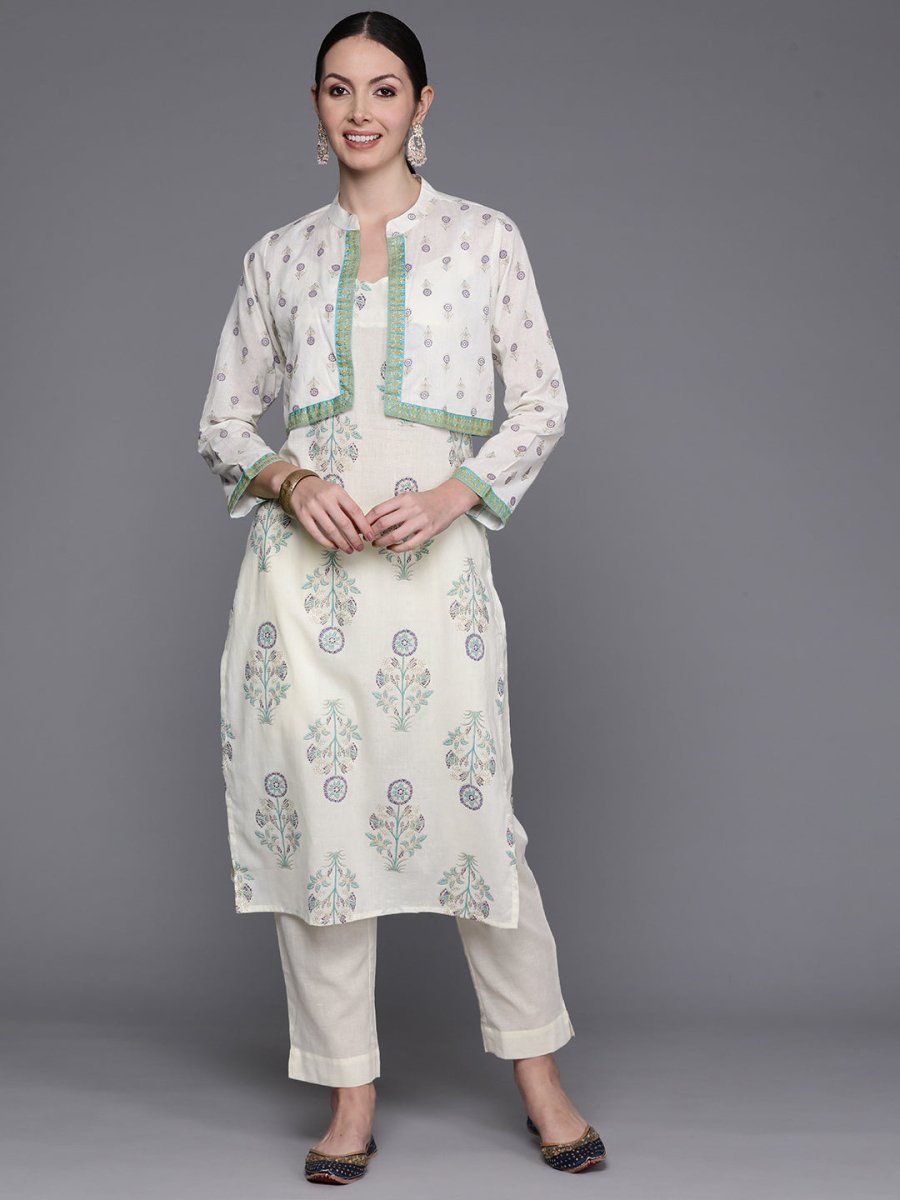 Ahalyaa Floral Printed Regular Pure Cotton Kurta with Trousers & Jacket | Swadesiicart
