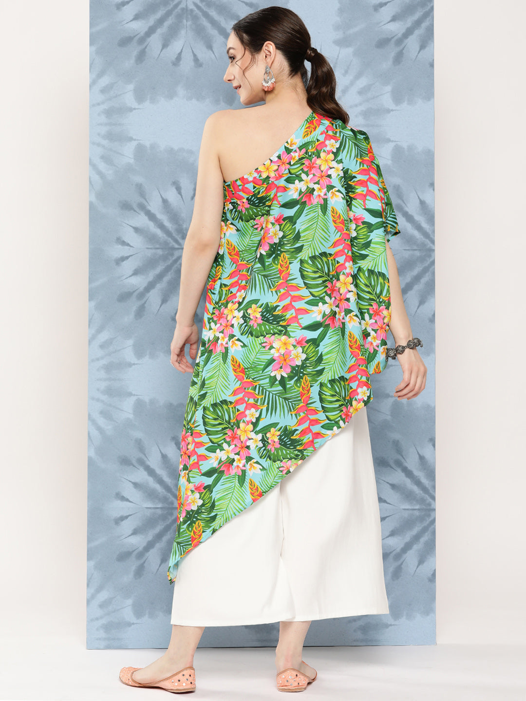 InWeave Women's Mint Green Leaf Japanese Art Oneshoulder Top - Swadesiicart