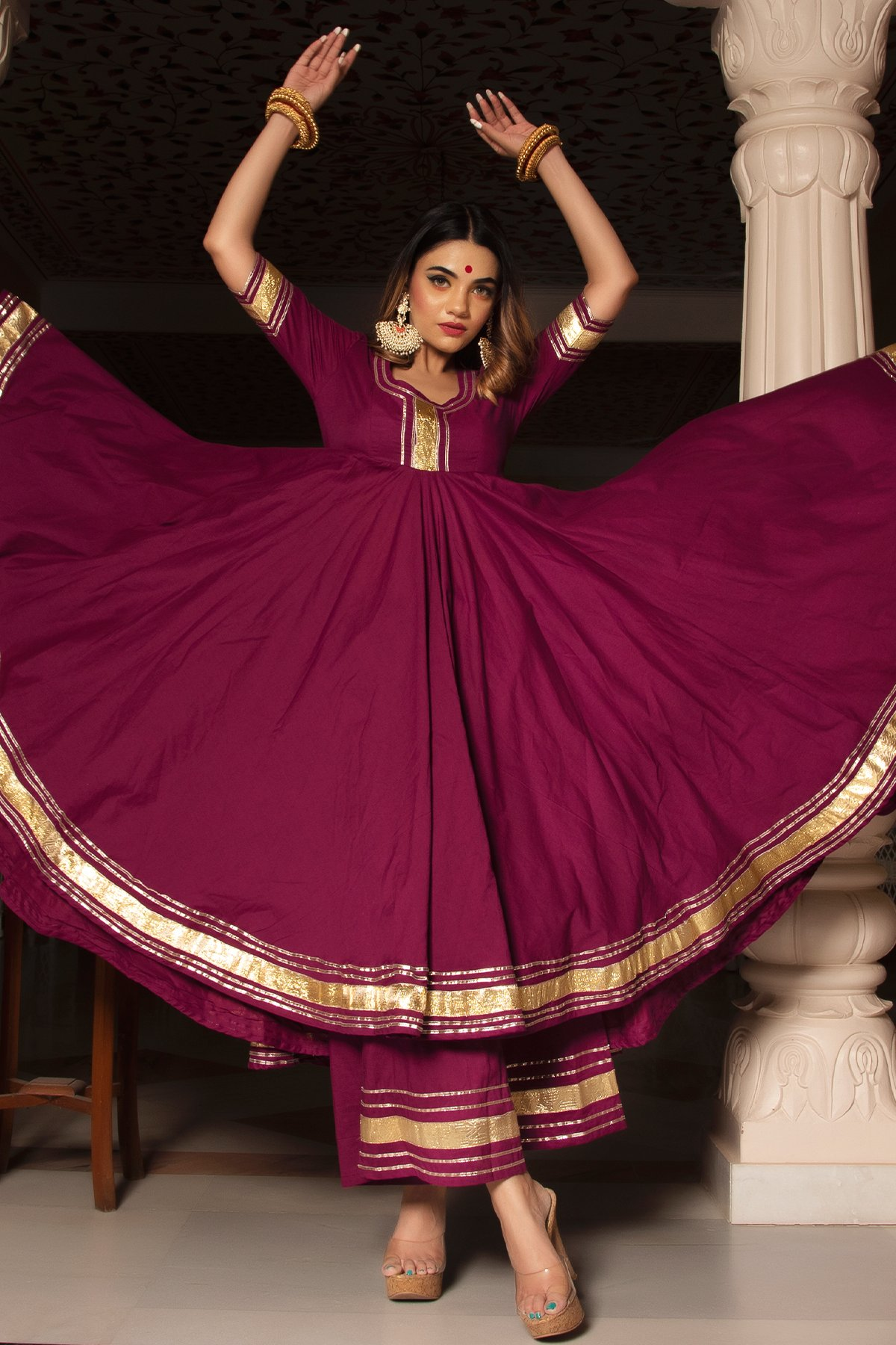 Pomcha Jaipur Burgundy Pure Cotton Anarkali Set | Swadesiicart