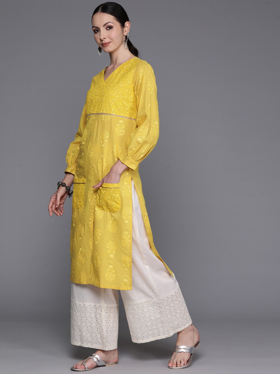 Ahalyaa Ethnic Motifs Printed Puff Sleeves Gotta Patti Kurta | Swadesiicart