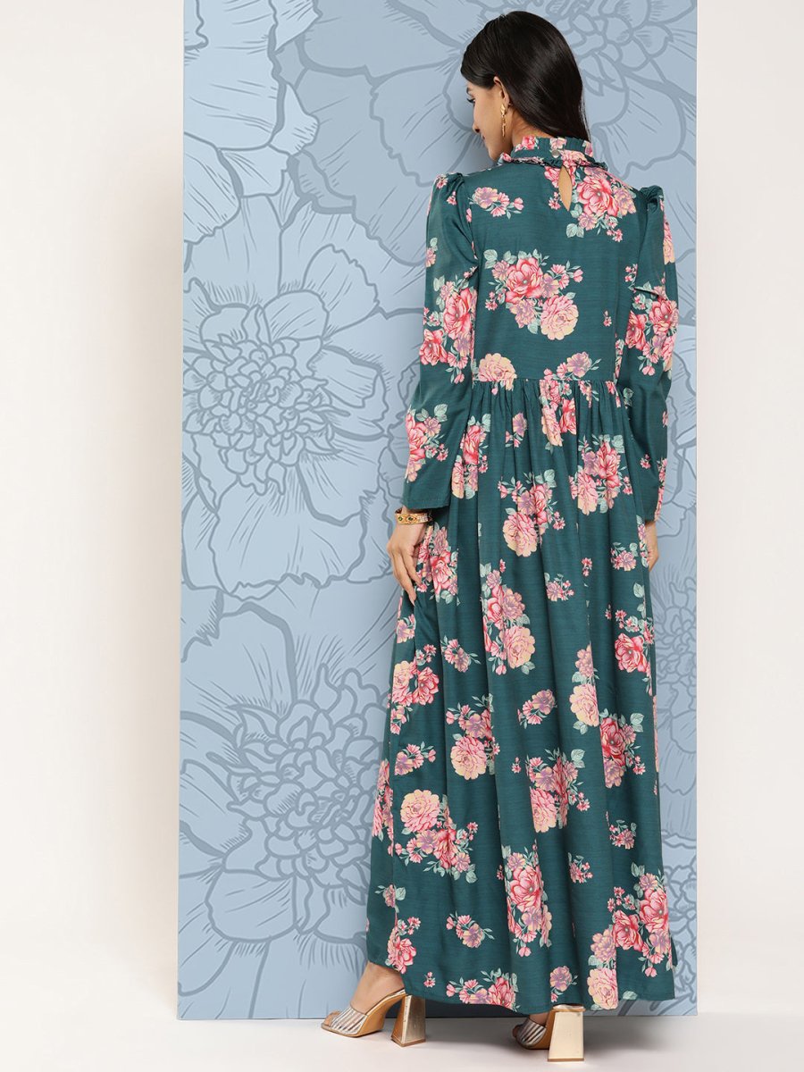 Ahalyaa Floral Print Puff Sleeves Tie-Up Neck Crepe Ethnic Gown With Cut-Out Detail | Swadesiicart