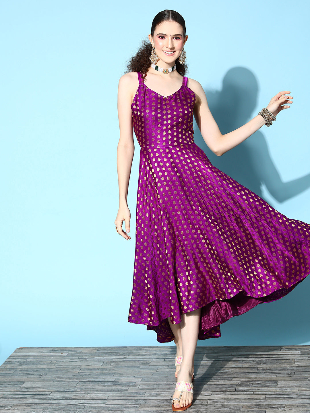 InWeave Women's Wine Gold Small Boota Long Dress - Swadesiicart