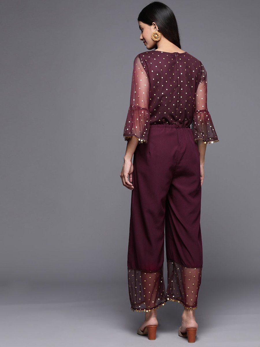 Ahalyaa Printed Bell Sleeves Crepe Basic Jumpsuit With Waist Tie-Ups | Swadesiicart