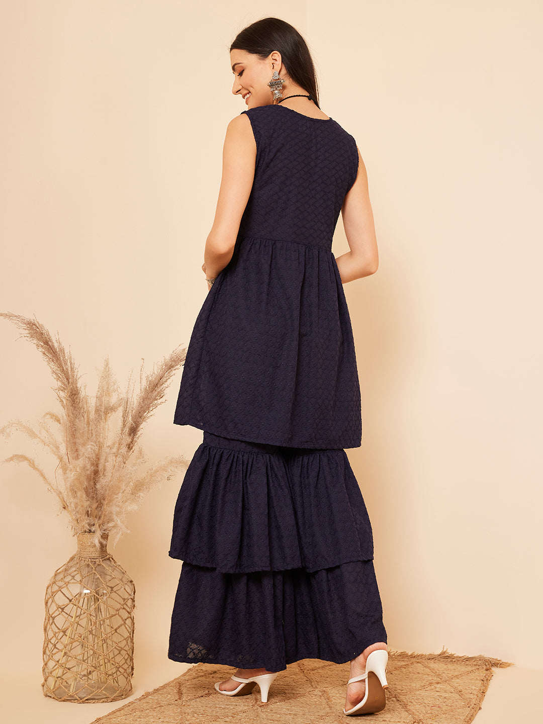 InWeave Women's Navy Blue Lace Work Double Layer Sharara Set - Swadesiicart