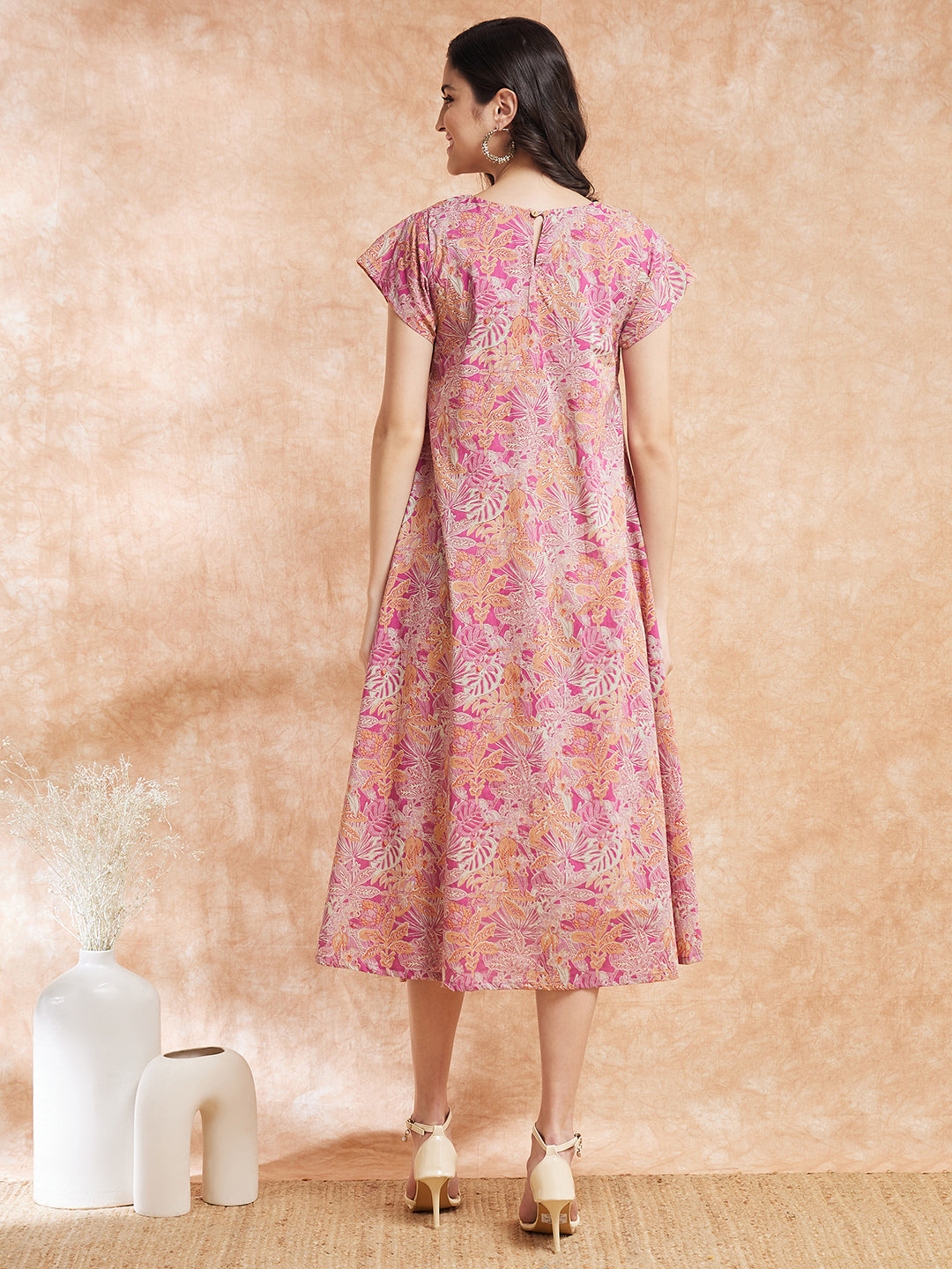 InWeave Women's Pink Coral Floral Print A Line Dress - Swadesiicart