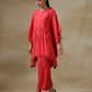 trueBrowns Red Bandhani Printed Silk Kaftan Gathered Co-Ord Set - Swadesiicart