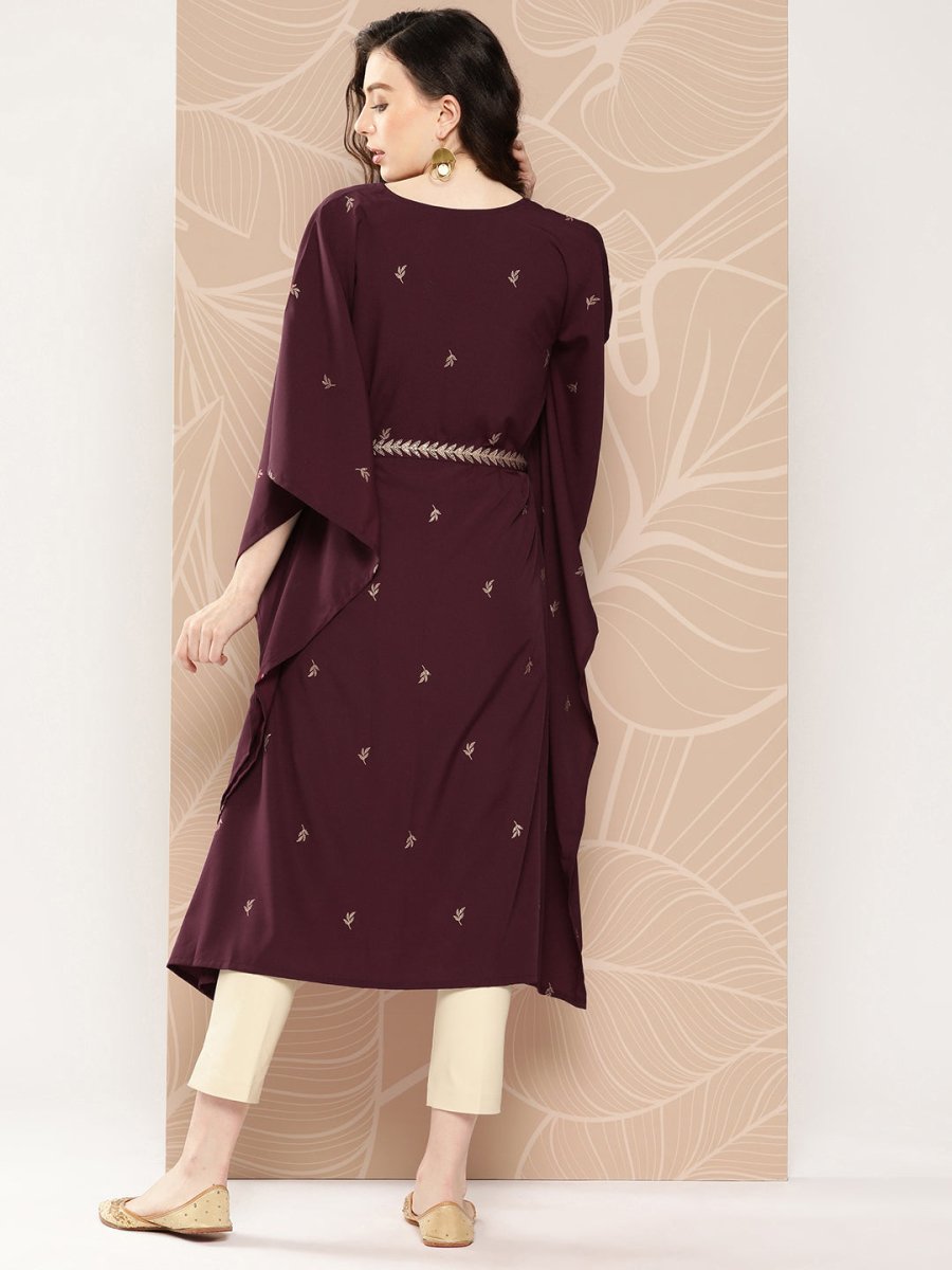 Ahalyaa Women Floral Printed Flared Sleeves Belted Detail Crepe Kaftan Kurta | Swadesiicart