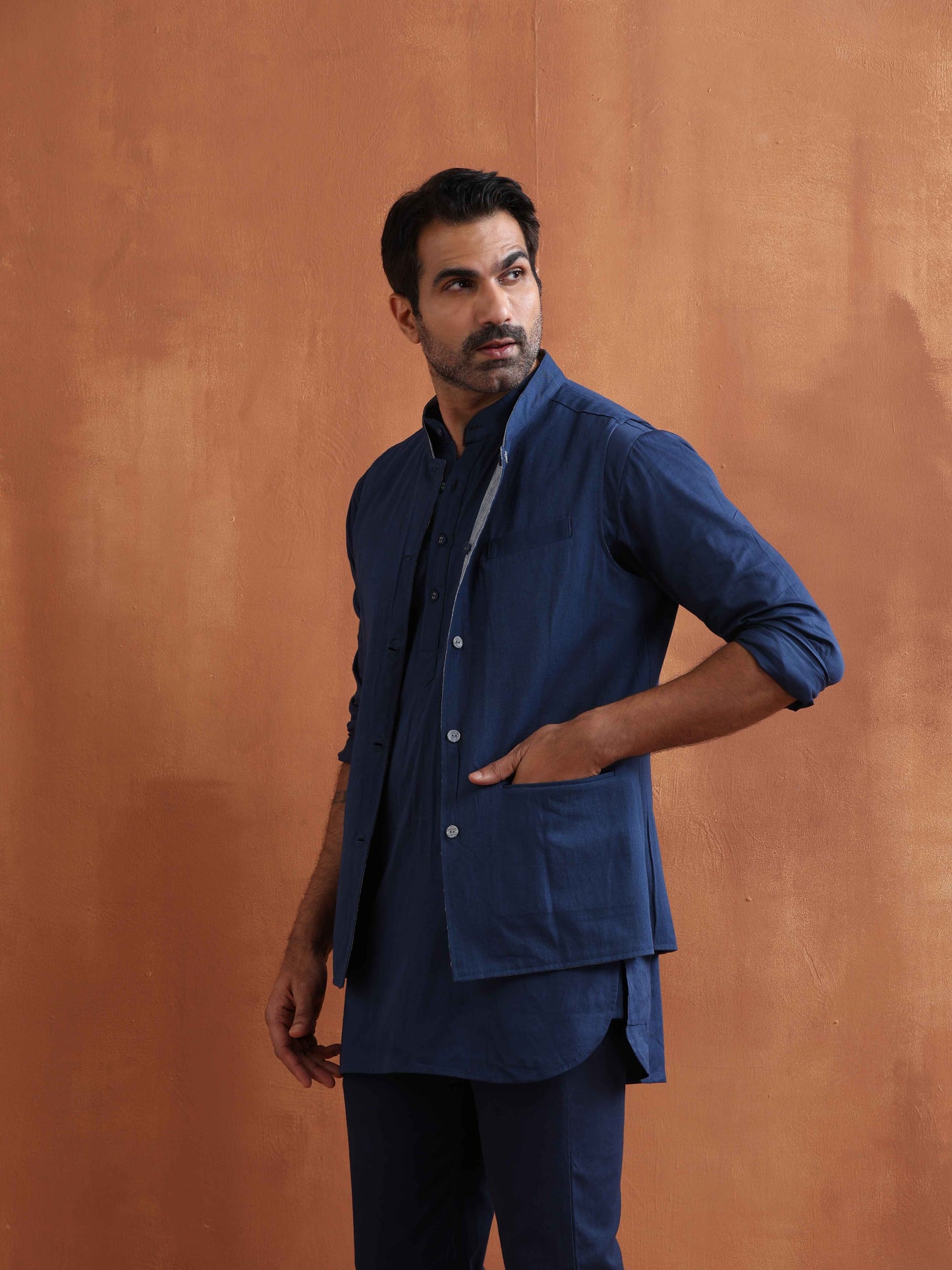 trueBrowns Men's Blue Chanderi Reversible Nehru Jacket | Swadesiicart