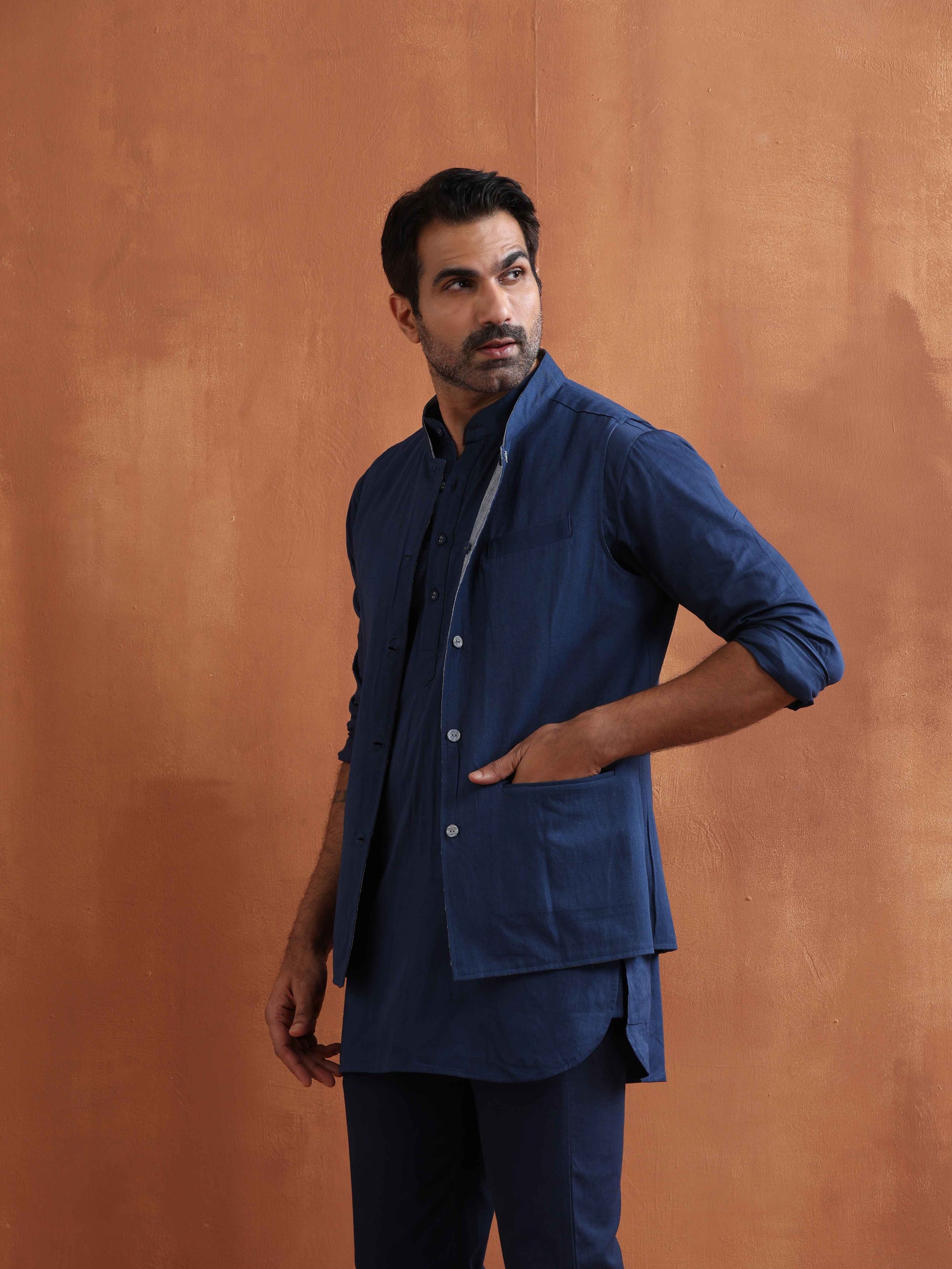trueBrowns Men's Blue Chanderi Reversible Nehru Jacket | Swadesiicart