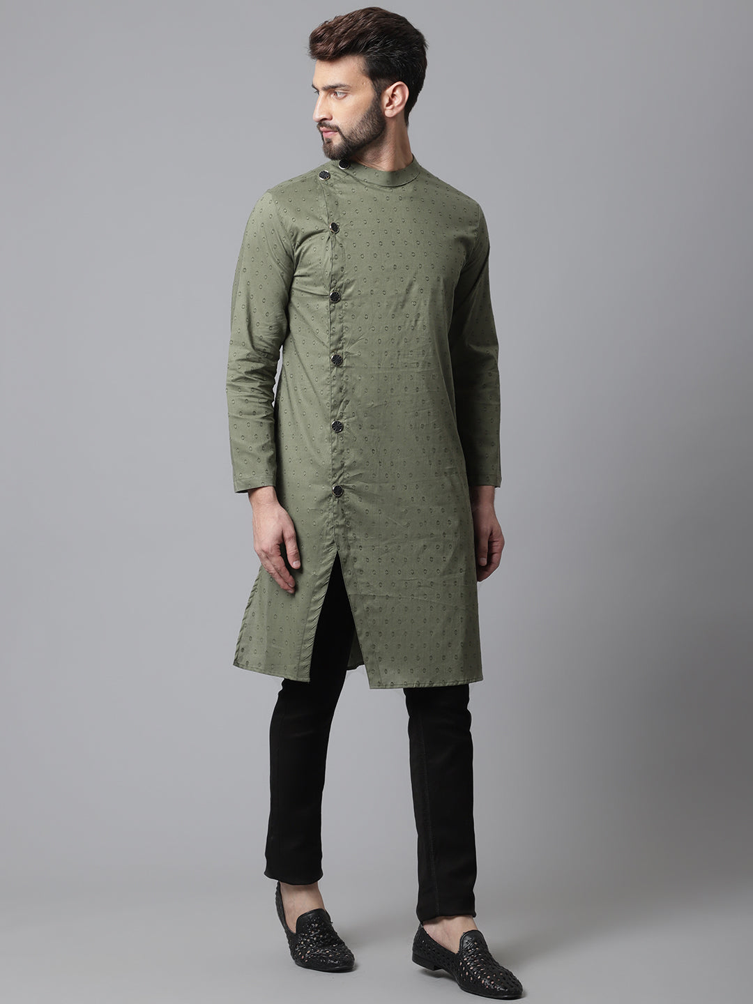 Even Apparels Green Sherwani Kurta With Asymetrical Cut | Swadesiicart