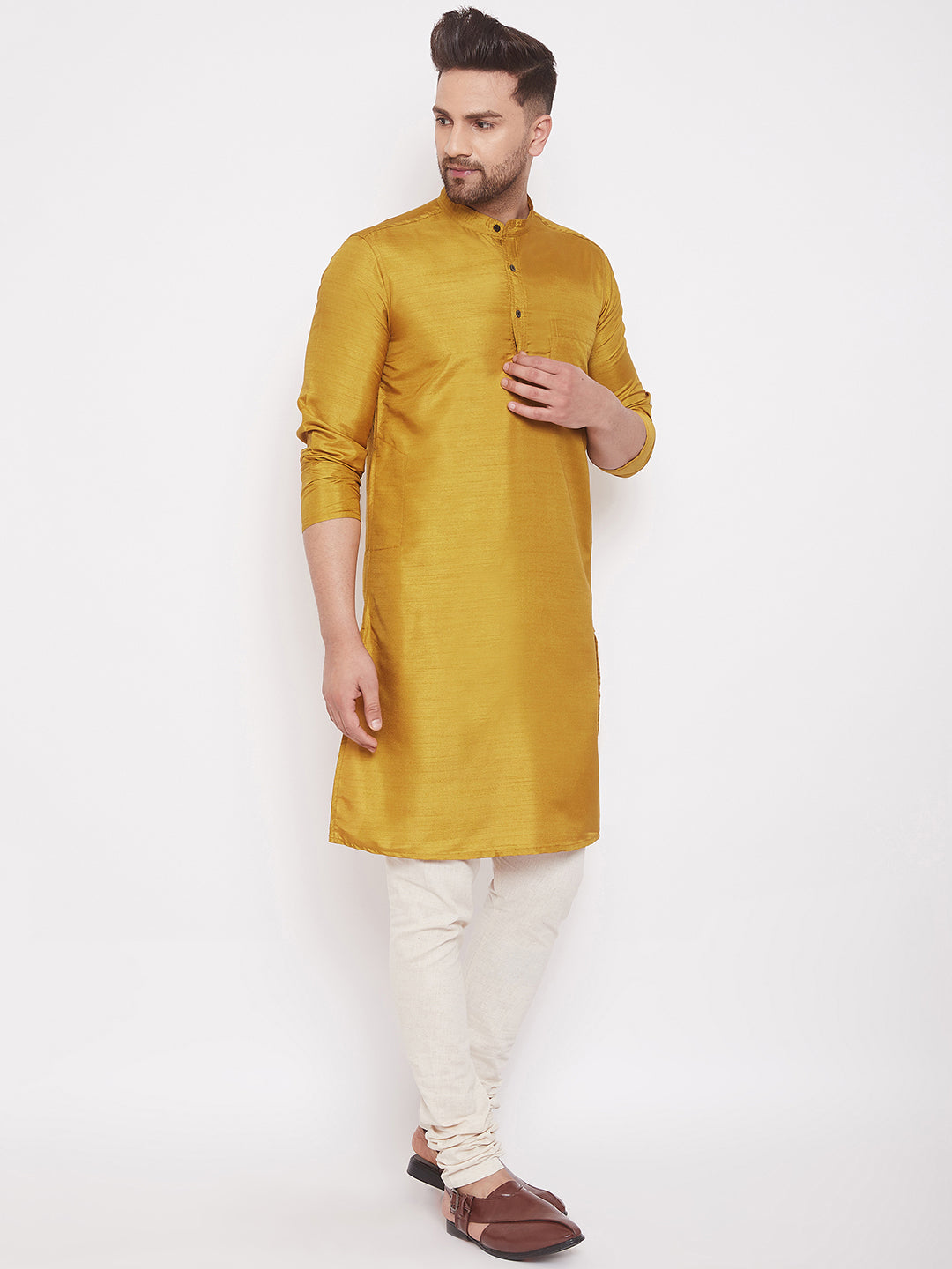Even Apparels Mustard Yellow Pure Cotton Kurta With Band Collar | Swadesiicart