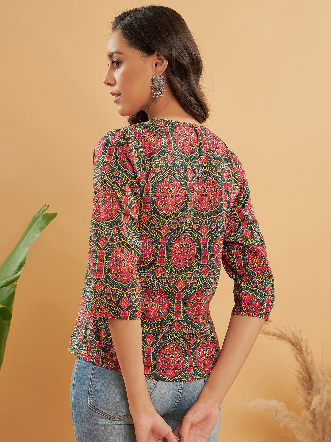 InWeave Women's Green Red Mughal Kalamkari Top - Swadesiicart